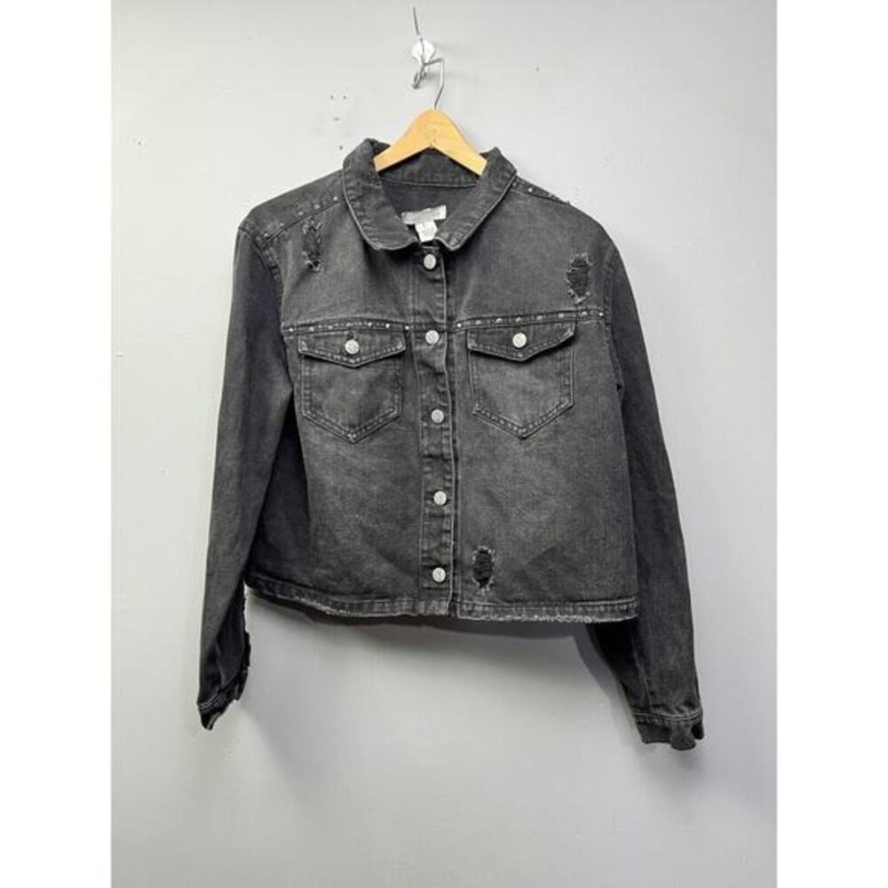 Crave Fame Denim Jacket‎ Womens Large Black Distressed Cropped Trucker Raw Hem